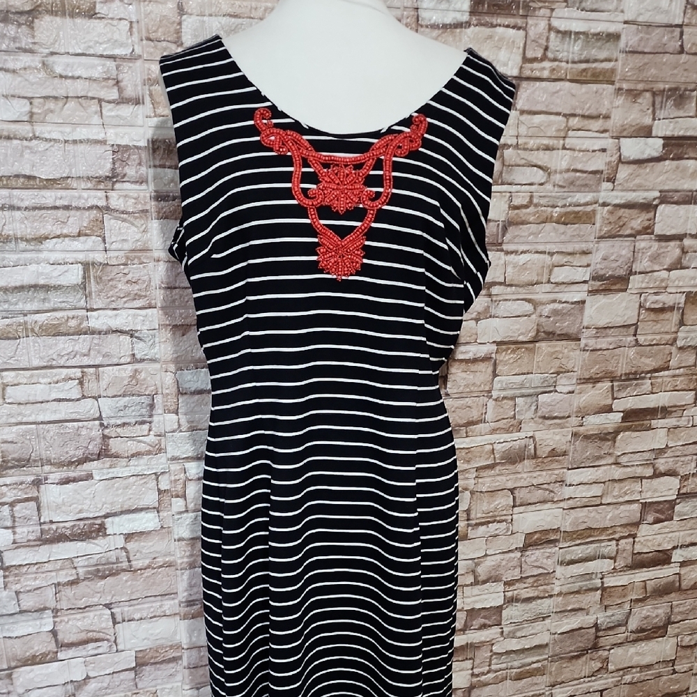 Sgaragano Black and White Striped Dress with Red Accent